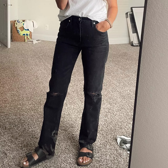 Agolde Cherie High Rise Straight Jeans Black 25x31 Busted Knee Rigid Raw Hem - Picture 12 of 12